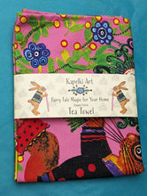 Load image into Gallery viewer, Folk art Bunny with Bouquet organic cotton tea towel
