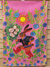 Load image into Gallery viewer, Folk art Bunny with Bouquet organic cotton tea towel
